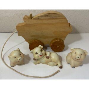 Vintage Wood Wooden Pig Pull Toy & Three Ceramic Happy Little Pigs Figurines
